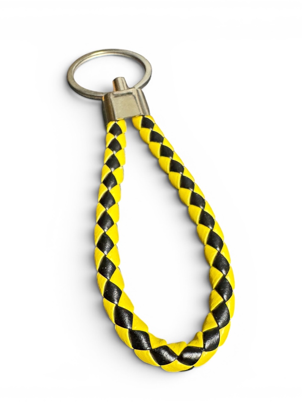 Braided Black Yellow Leather Keychain NIP - Picture 2 of 6